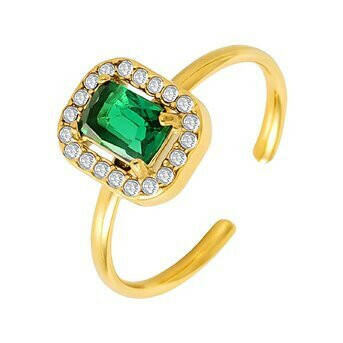 Vintage style Adjustable Ring with emerald green stone Gold plating.