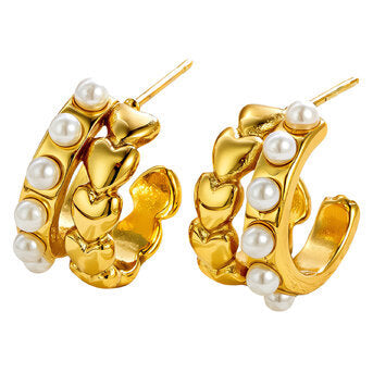 Hearts and pearls earrings  18k Gold-plated steel.